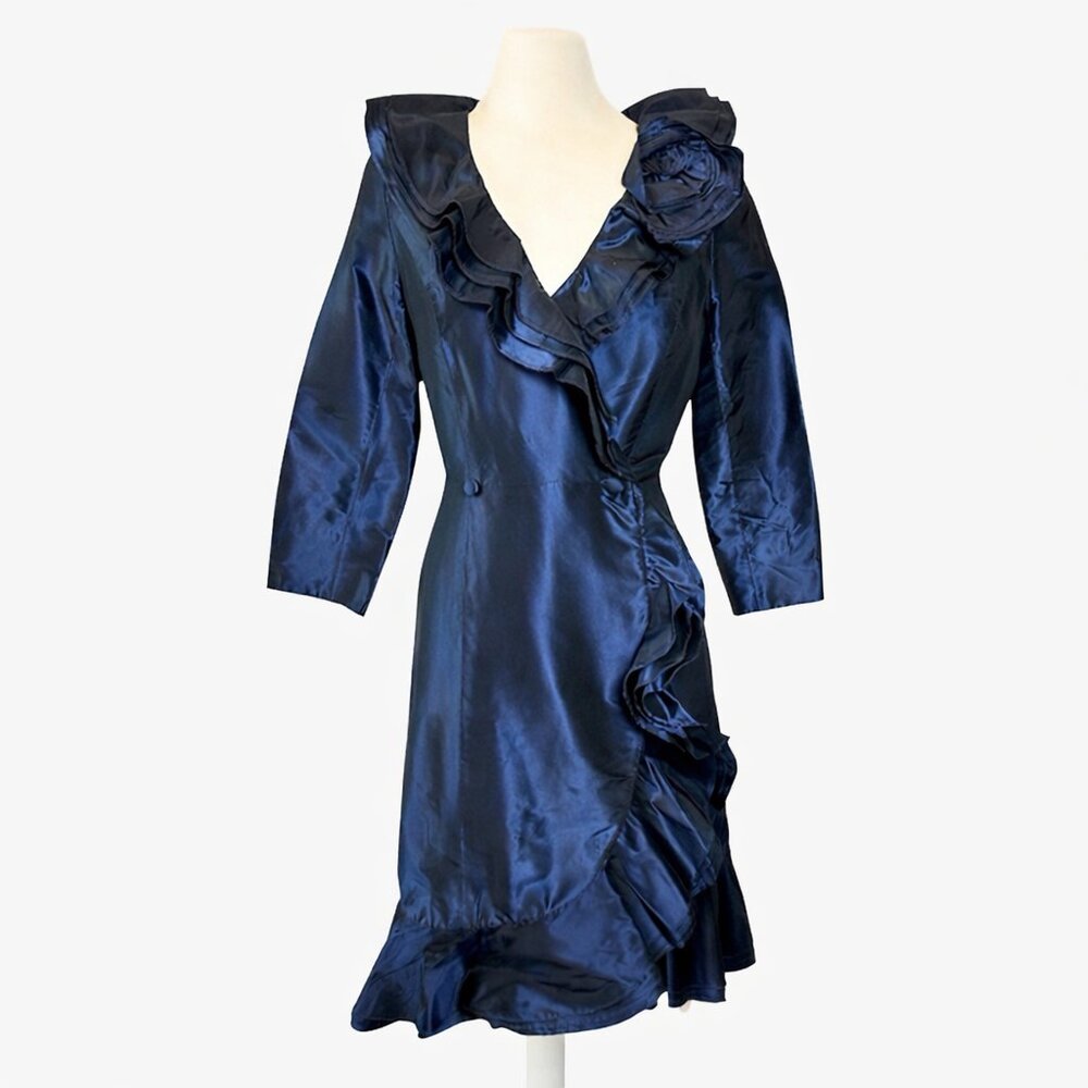 Rickie Freeman for Teri Jon Navy Silk Ruffle Cocktail Dress Elegant Formal 8